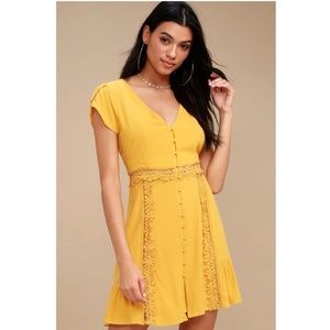 LULU'S Yellow Wistful Wanderer Mustard Crochet Lace Dress | Size S